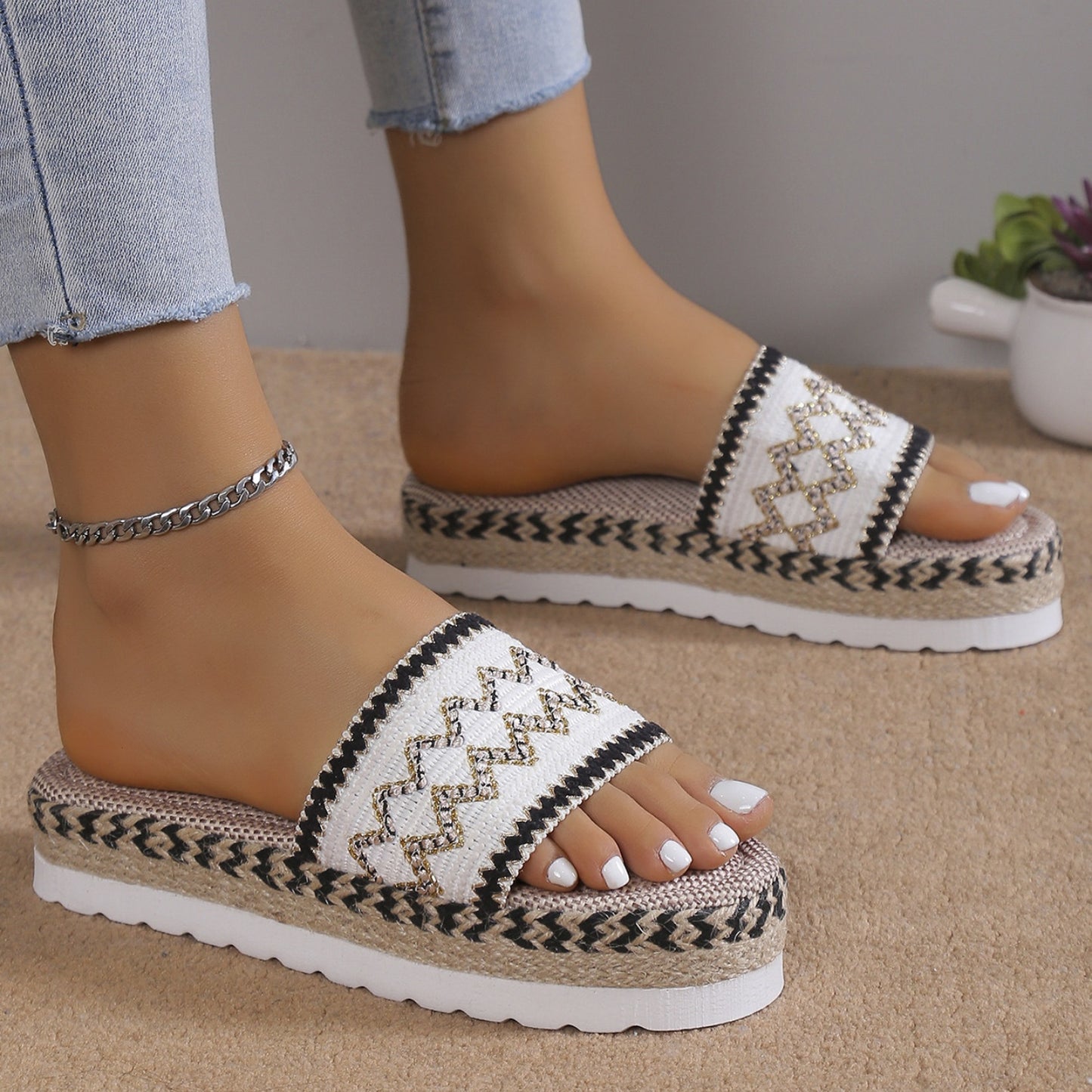 Geometric weave platform sandals