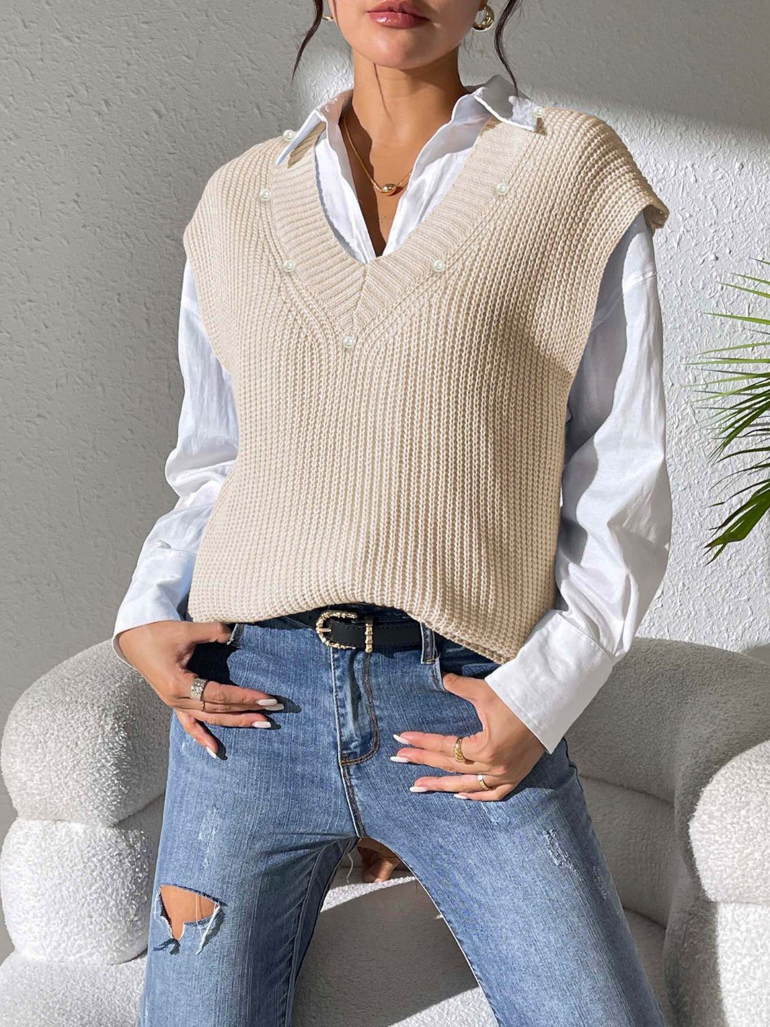 Pearl trim v-neck sweater vest