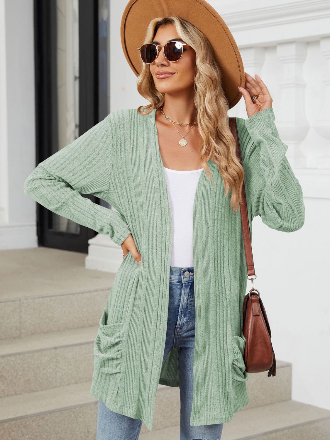 Pocketed open front long sleeve cardigan