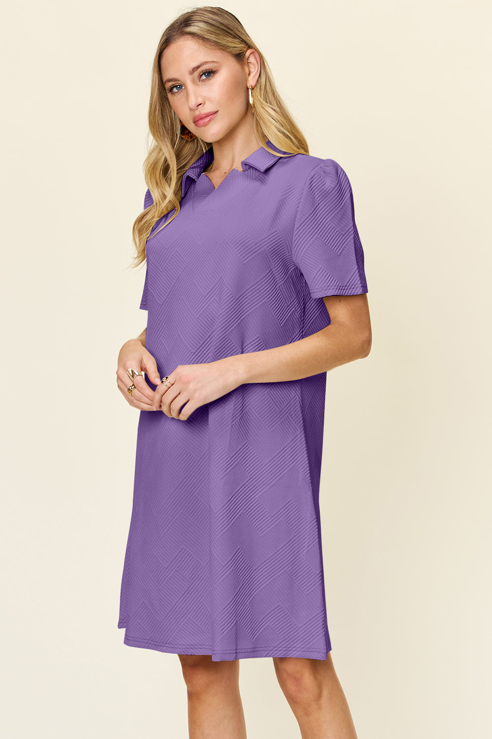 Double take full size texture collared neck short sleeve dress