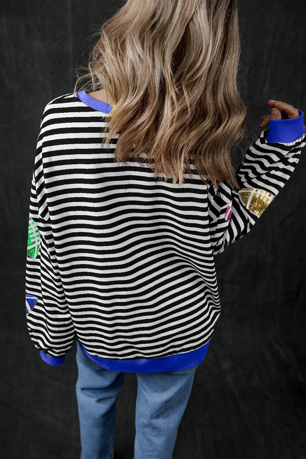 Sequin football striped round neck long sleeve sweatshirt