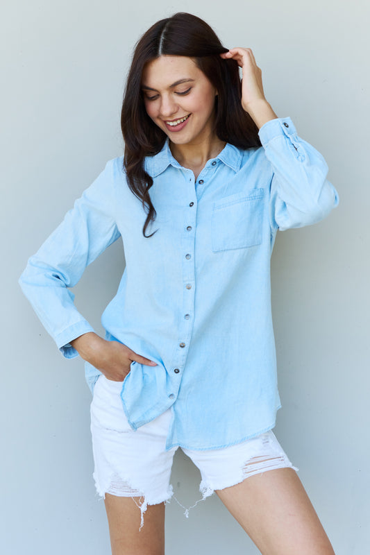 Doublju blue jean baby denim button down shirt top in light - s