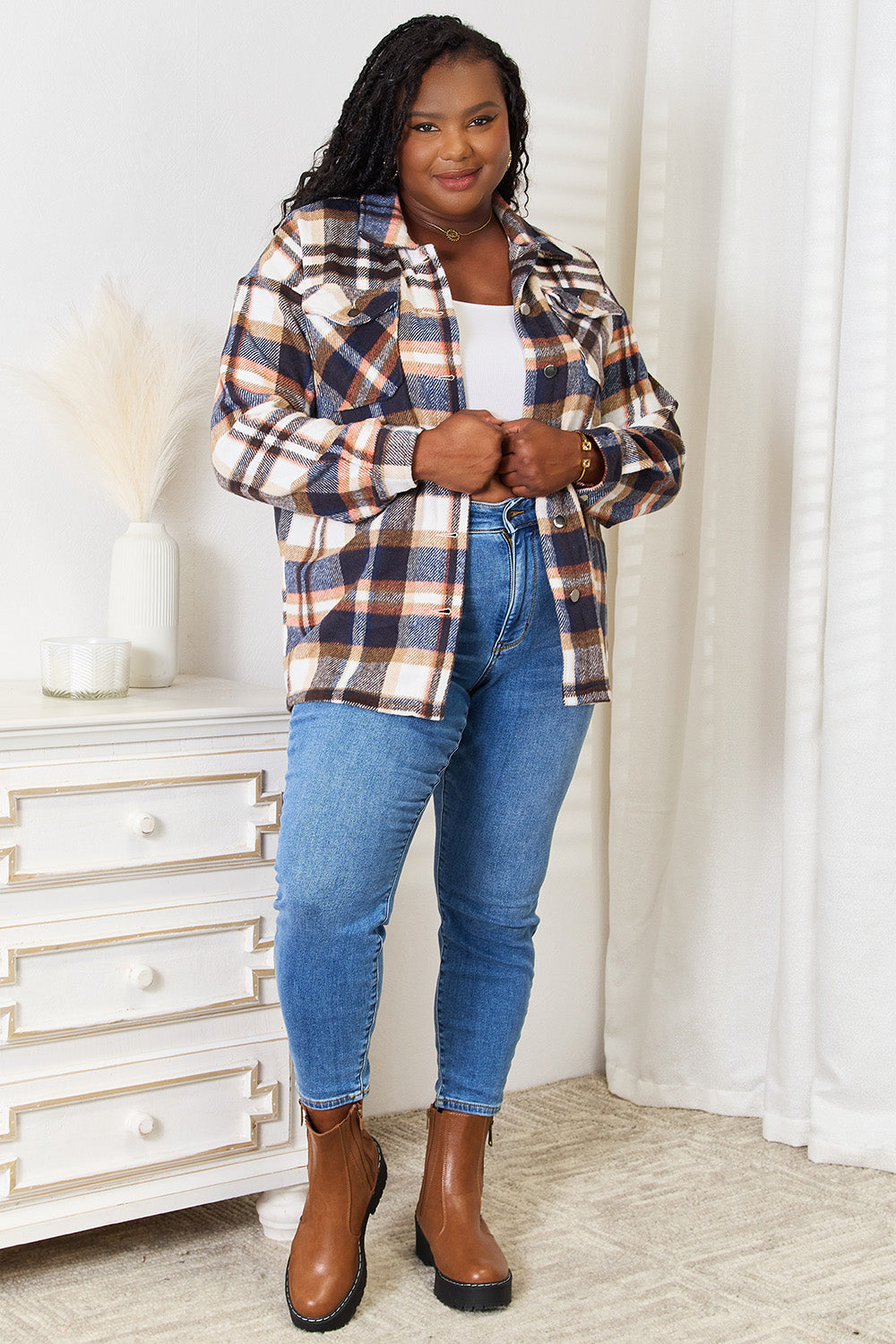 Double take plaid button front shirt jacket with breast pockets