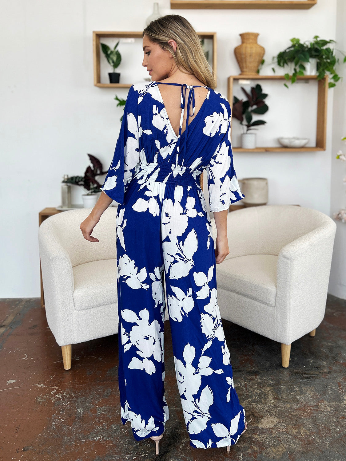 Double take full size printed tie back wide leg jumpsuit