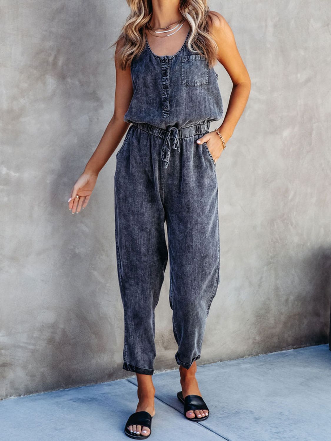 Drawstring waist sleeveless jumpsuit - dark / s