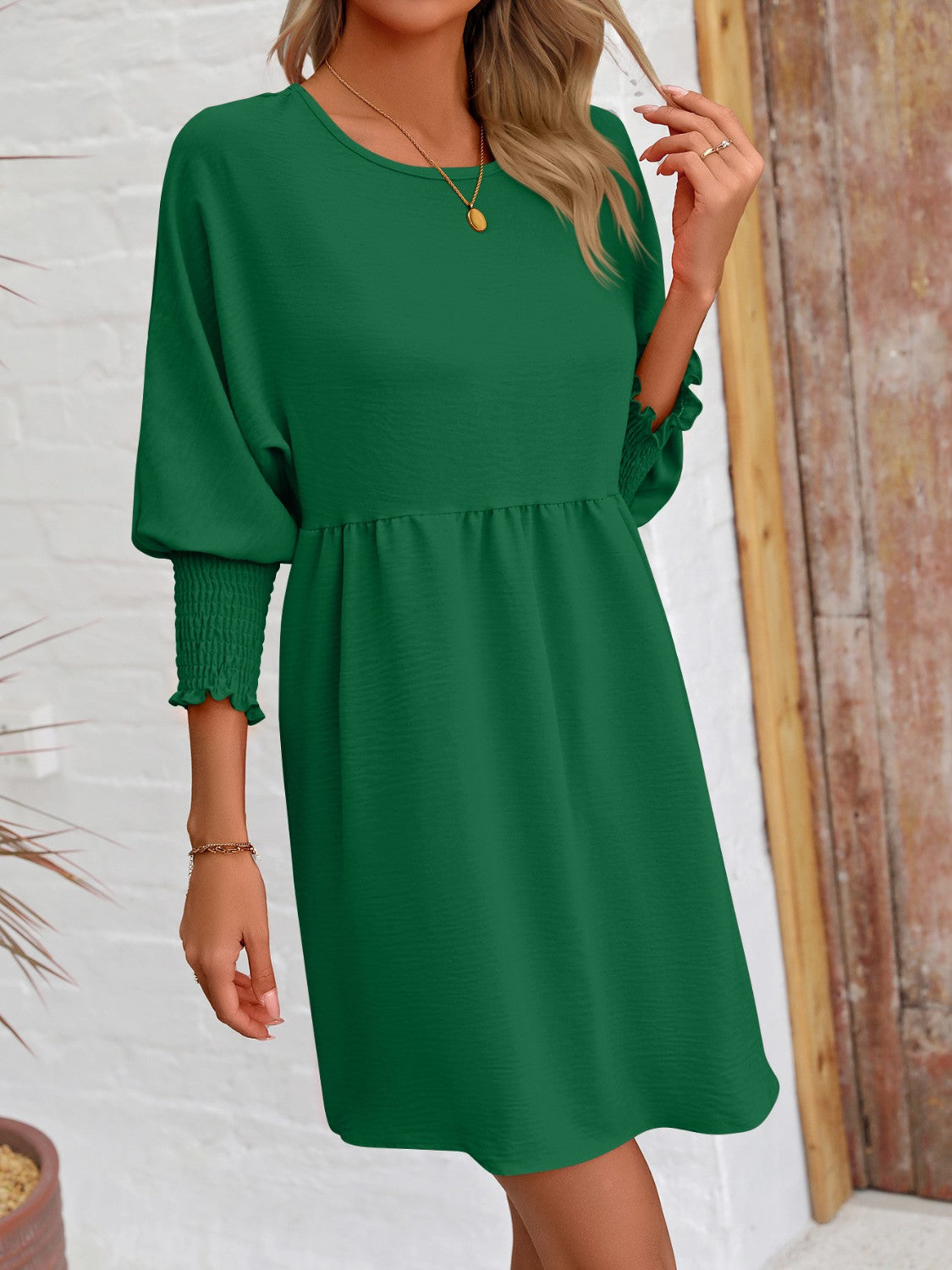 Round neck lantern sleeve mini dress