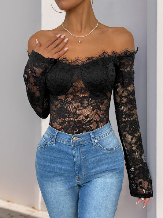 Perfee lace off-shoulder long sleeve bodysuit - black / s