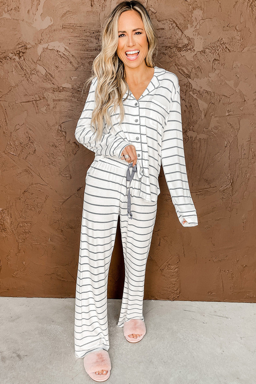 White striped print long sleeve top & drawstring pants pajamas set - loungewear