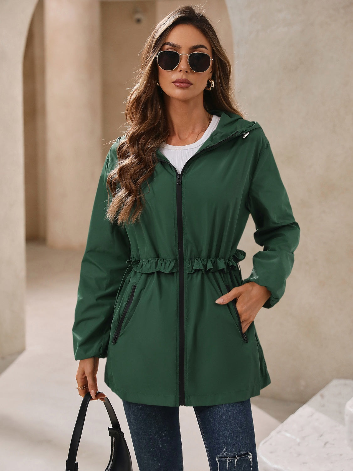 Ivy lane outdoor waterproof long sleeve hooded windbreaker - dark green / s