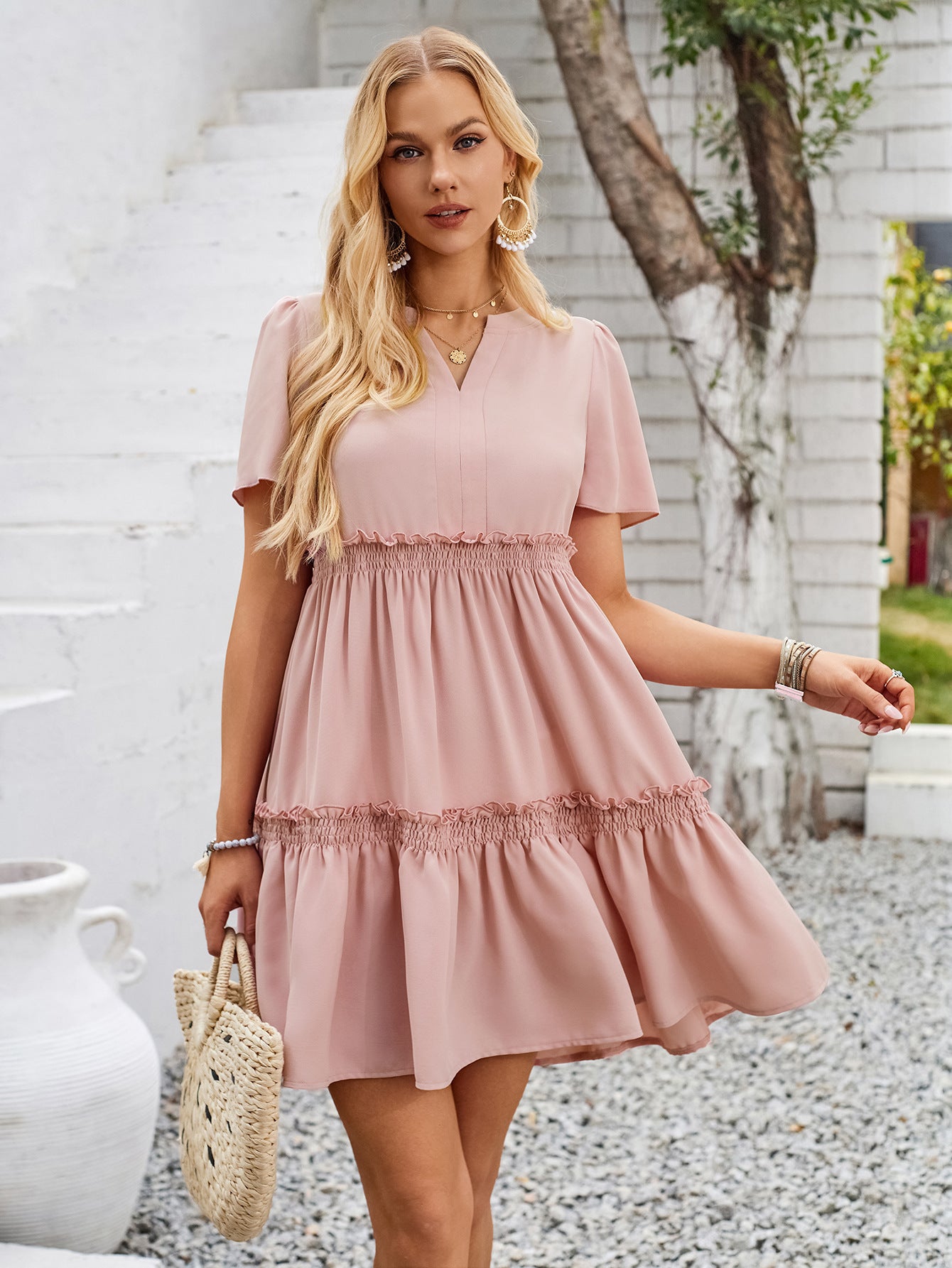 Frill notched short sleeve mini dress