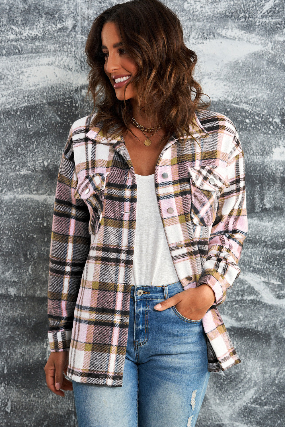 Double take plaid button front shirt jacket with breast pockets - pink / s