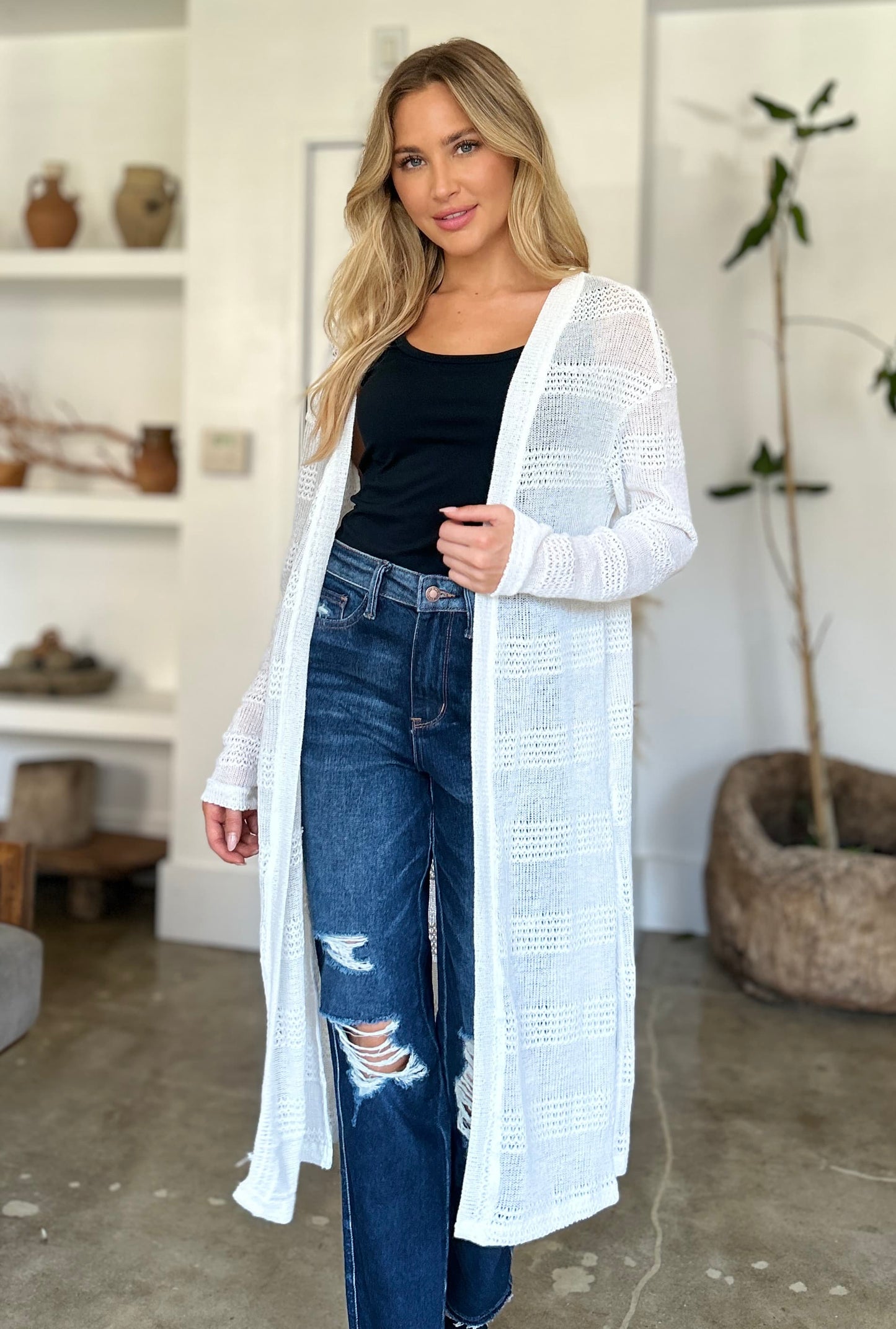 Double take full size open front longline cardigan - white / s