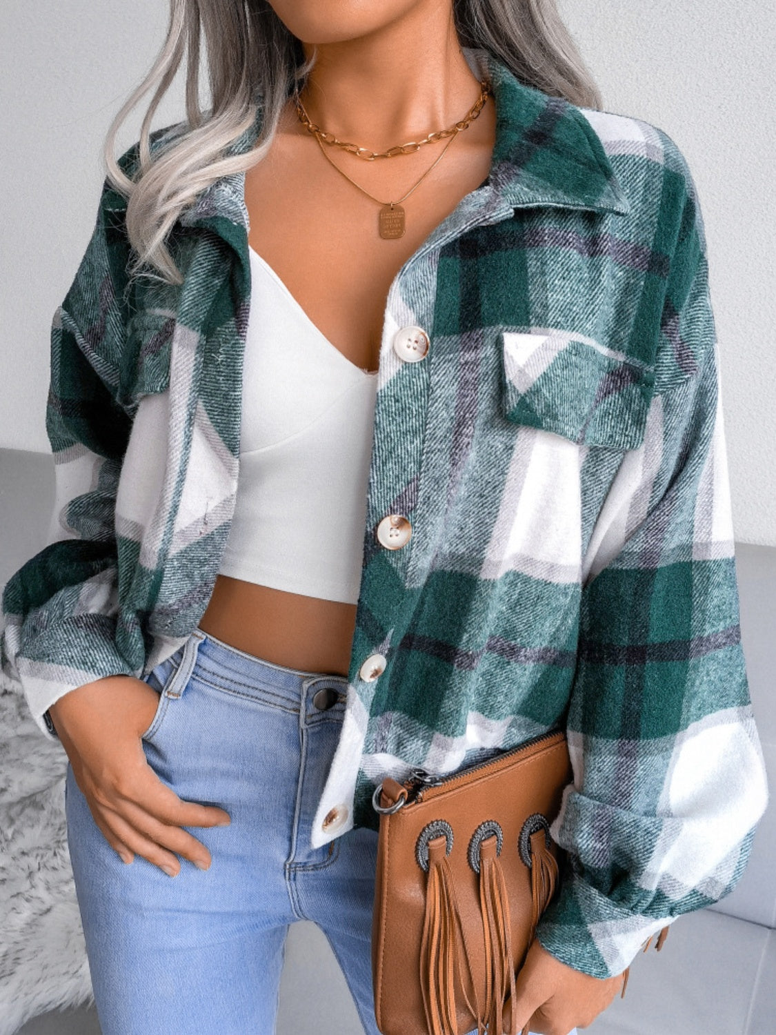 Plaid collared neck long sleeve jacket