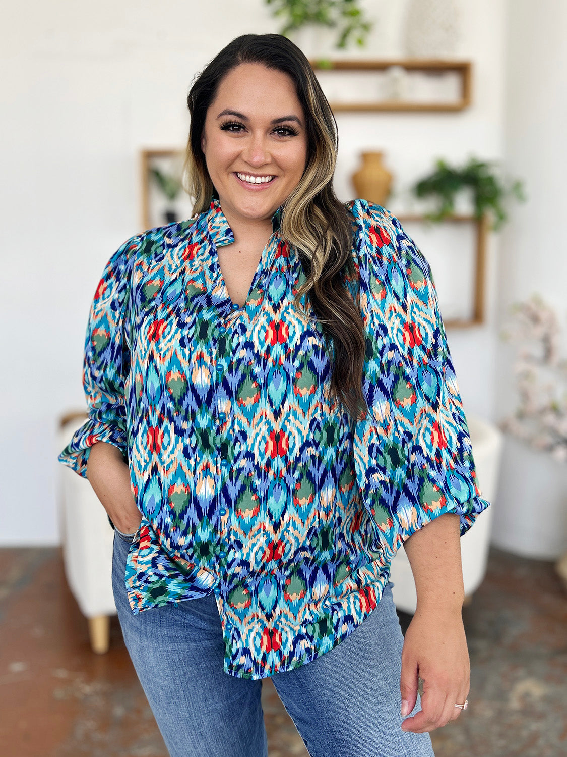 Double take full size printed balloon sleeve blouse