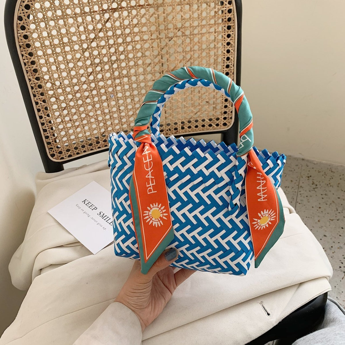 Contrast woven handbag with ribbon