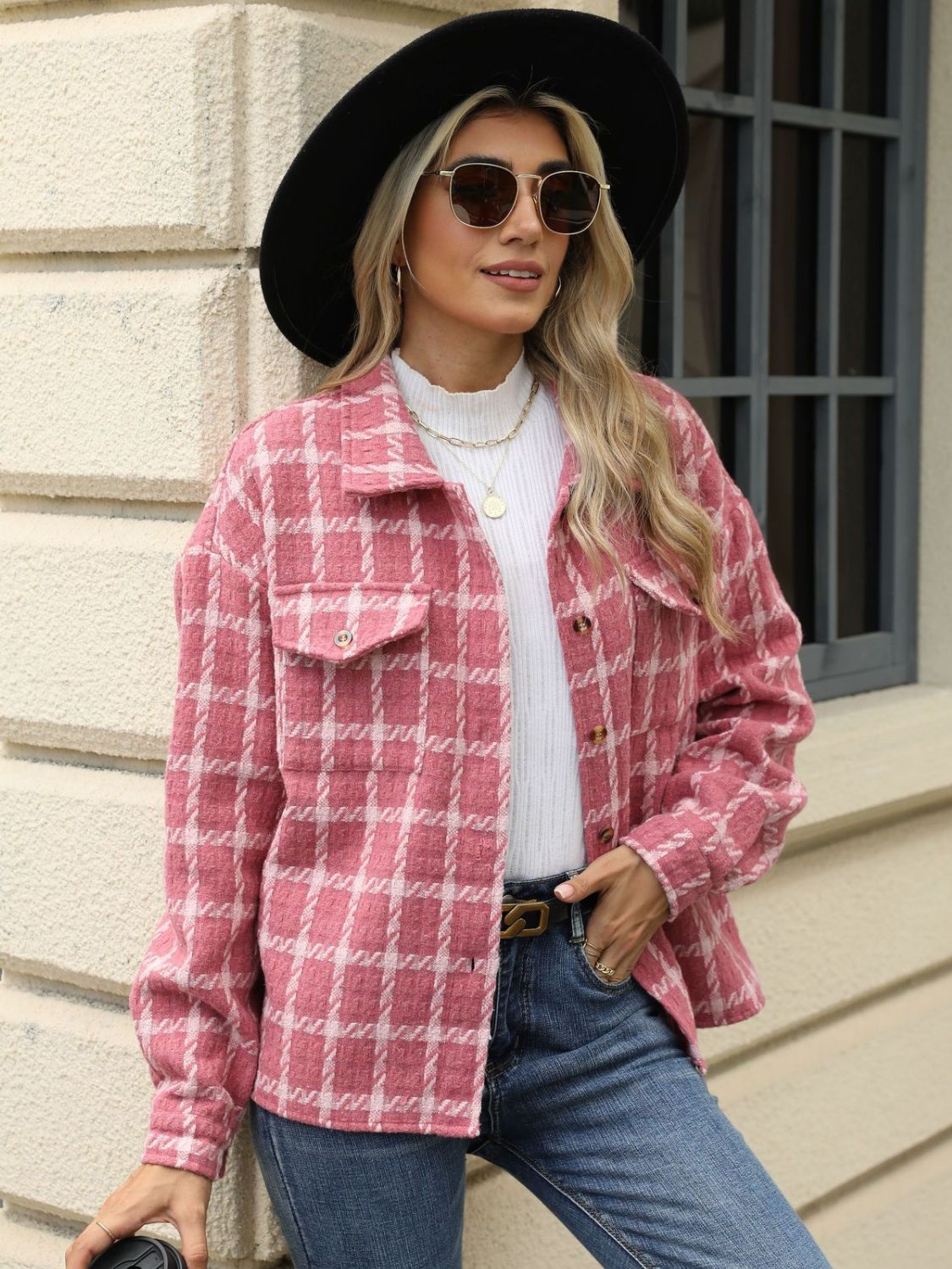 Plaid collared neck long sleeve jacket