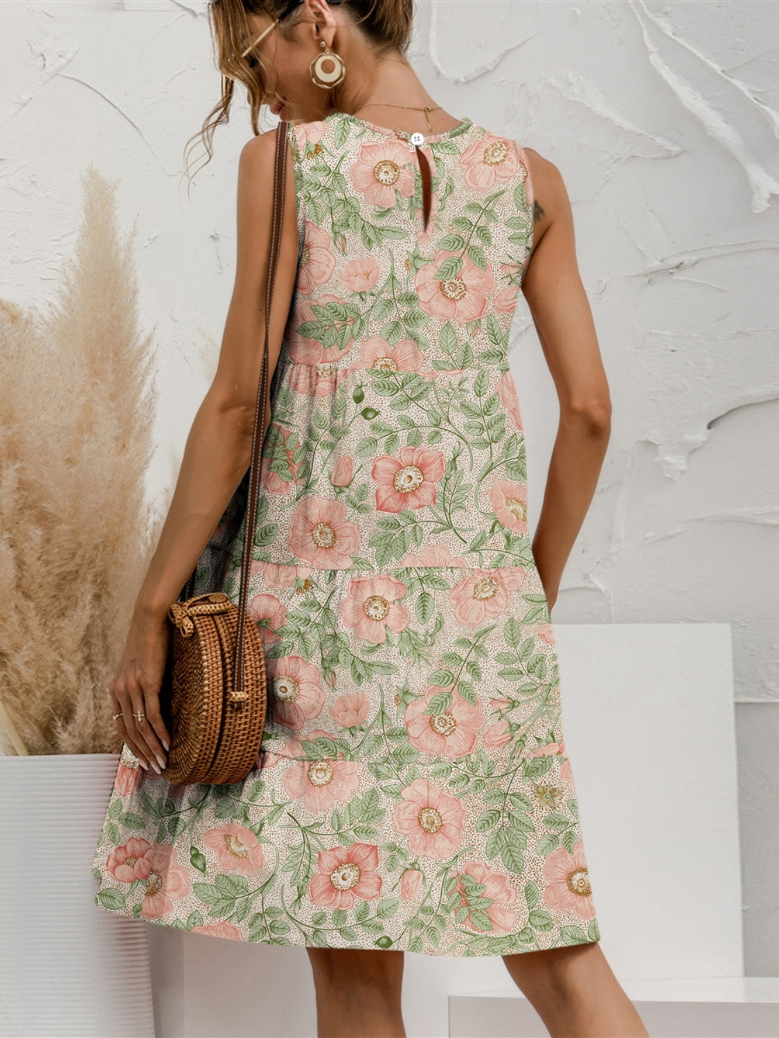 Tiered printed round neck sleeveless dress