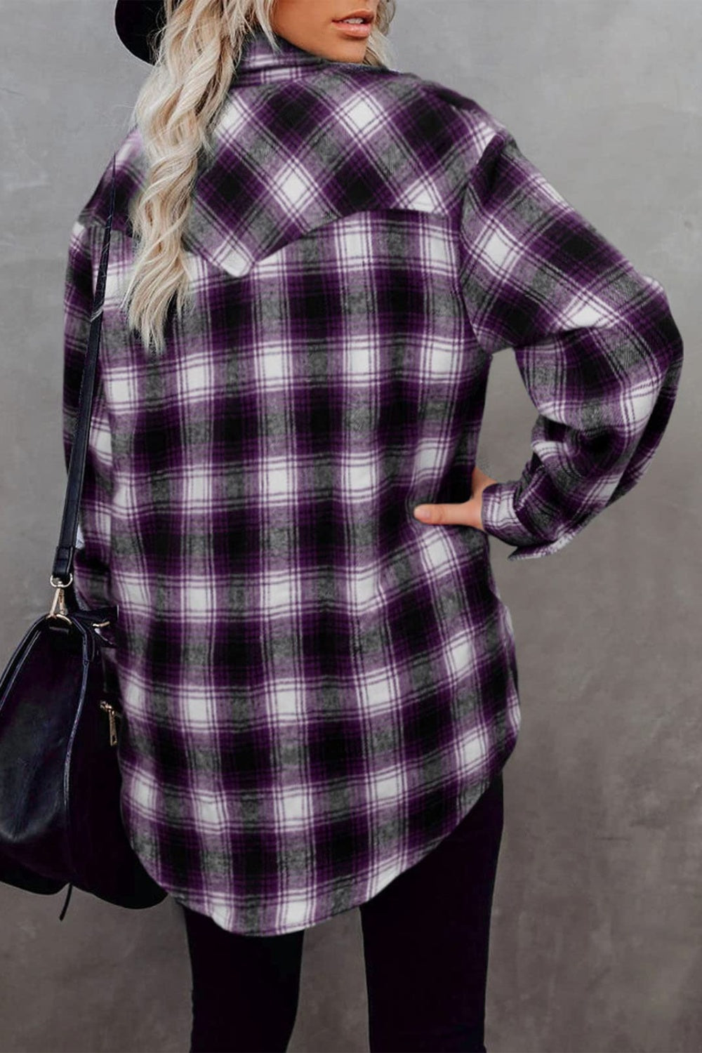 Full size plaid collared neck long sleeve shirt - purple / s