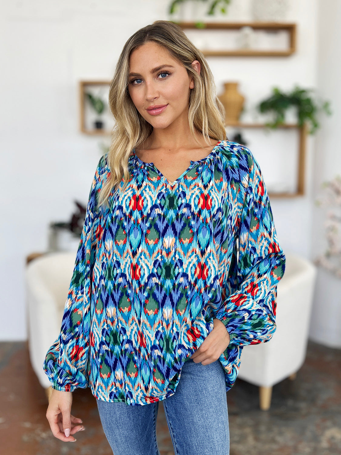 Double take full size printed balloon sleeve blouse