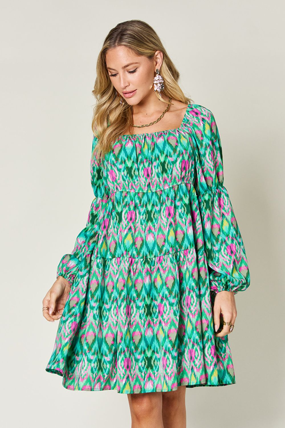 Double take full size printed long sleeve dress