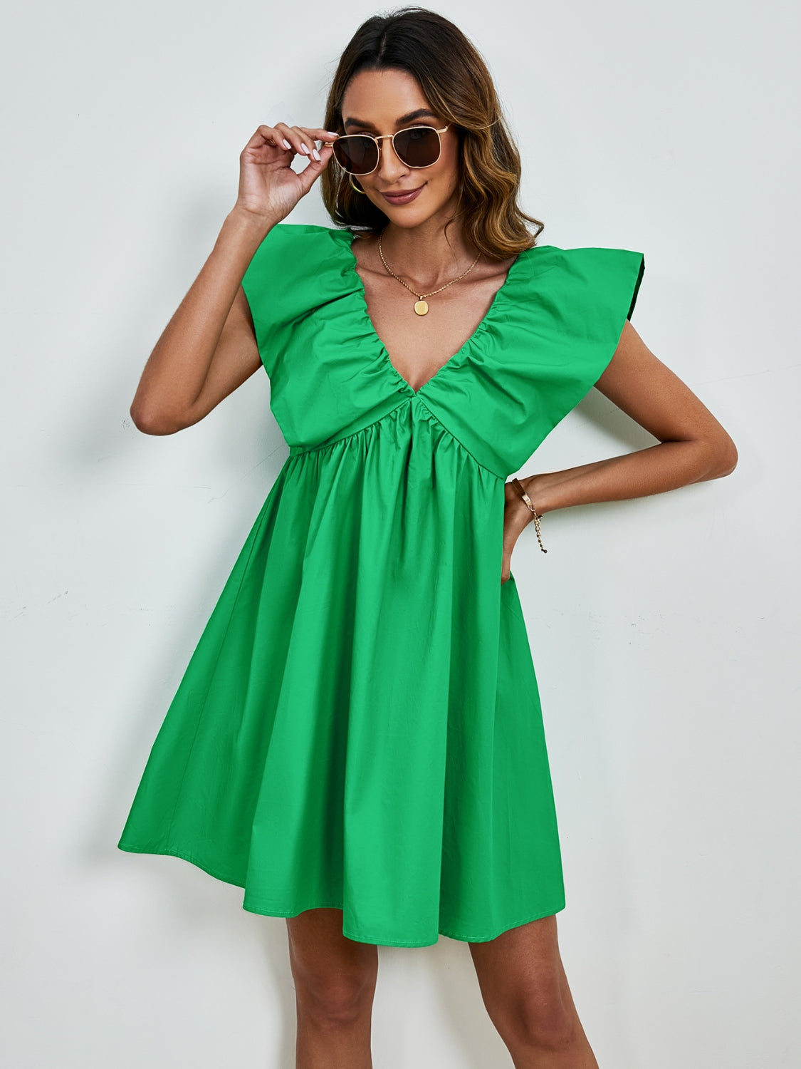 V-neck cap sleeve mini dress