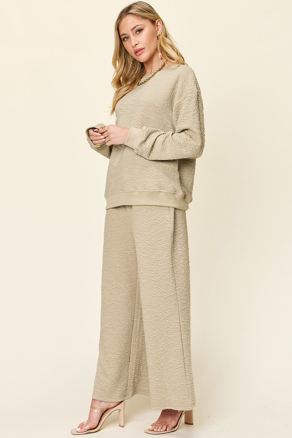 Double take full size texture long sleeve top and pants set