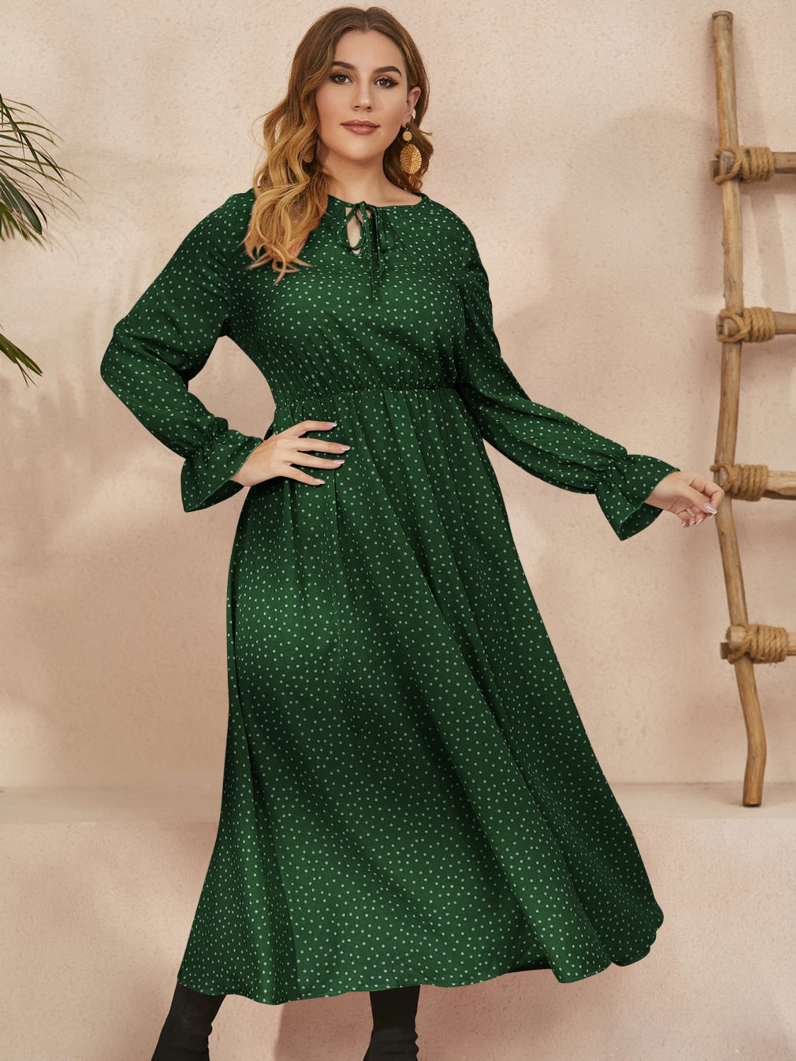 Plus size ruffled polka dot long sleeve midi dress