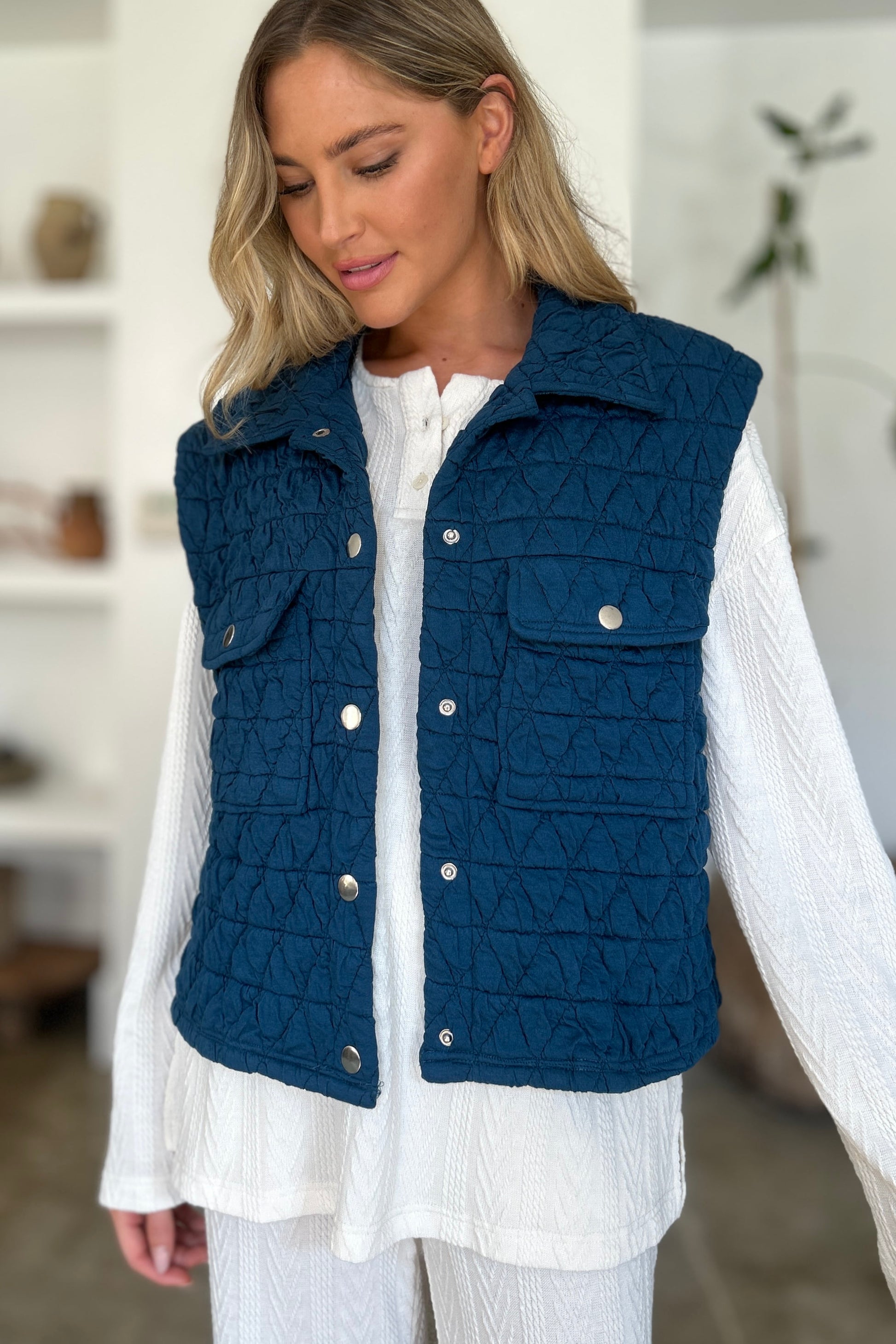 Double take full size pocketed texture snap down vest coat