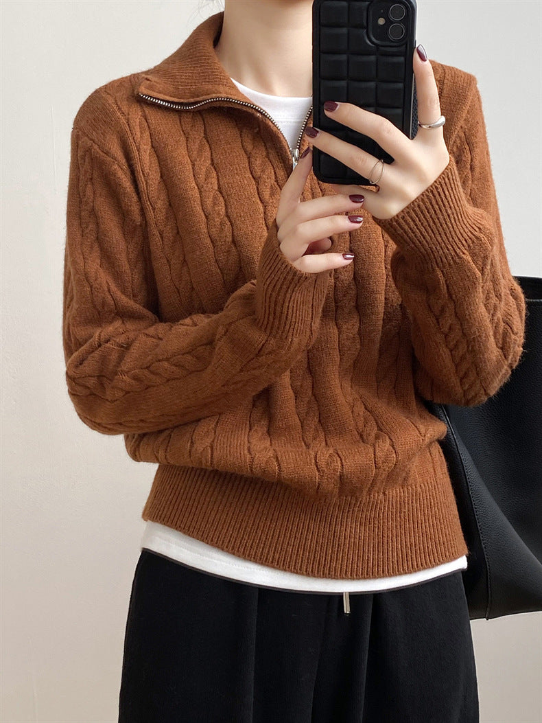 Cable-knit half zip long sleeve sweater