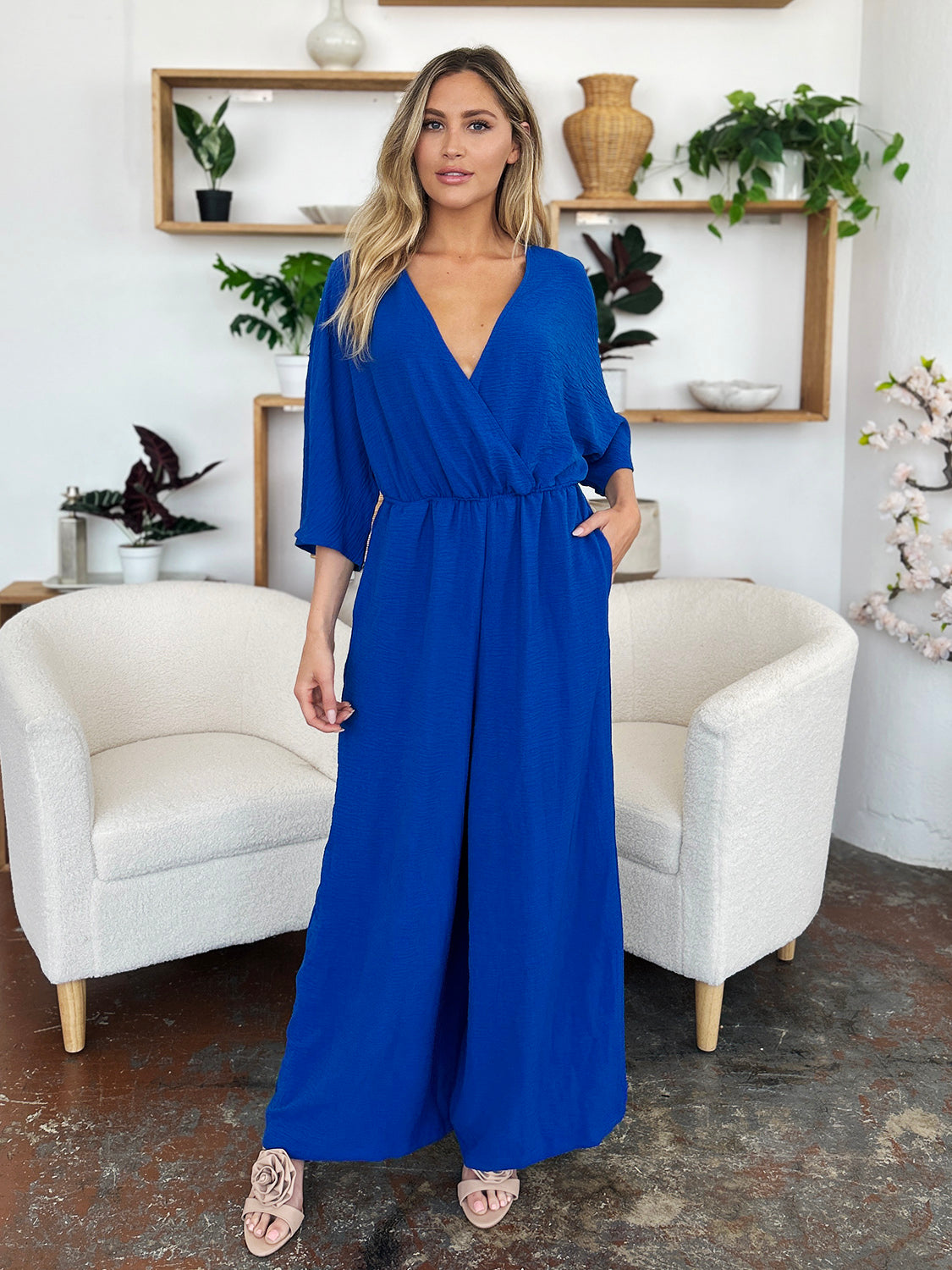 Double take full size surplice wide leg jumpsuit with pockets