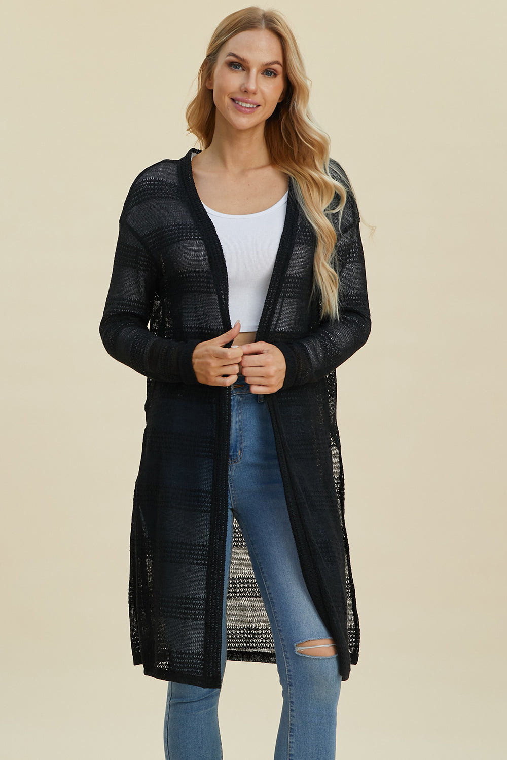 Double take full size open front longline cardigan - black / s