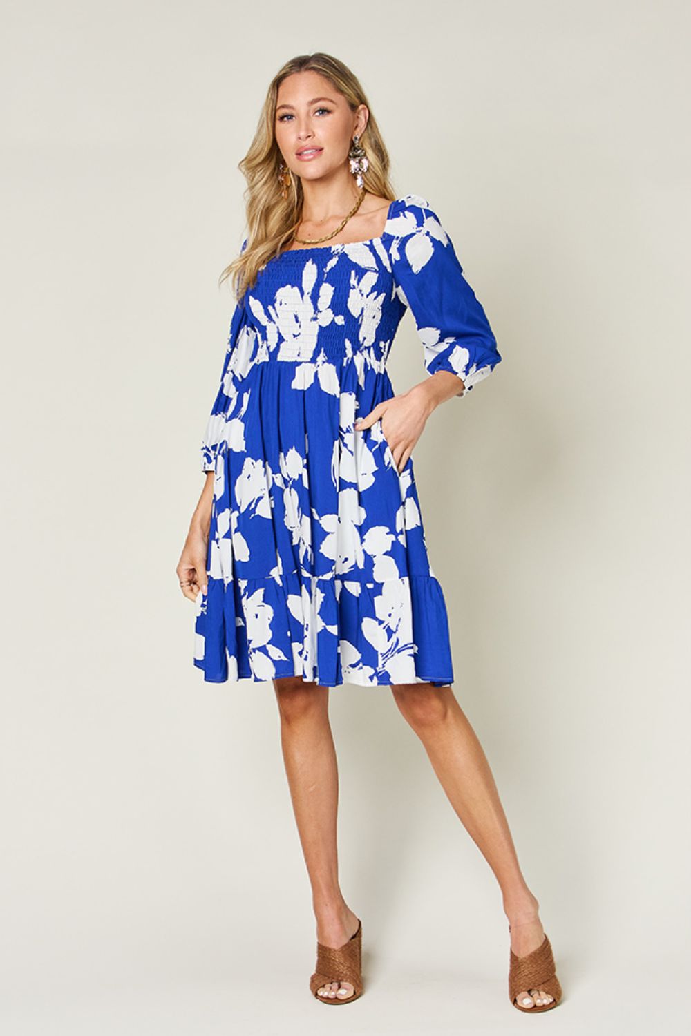 Double take full size floral ruffle hem smocked dress with pockets