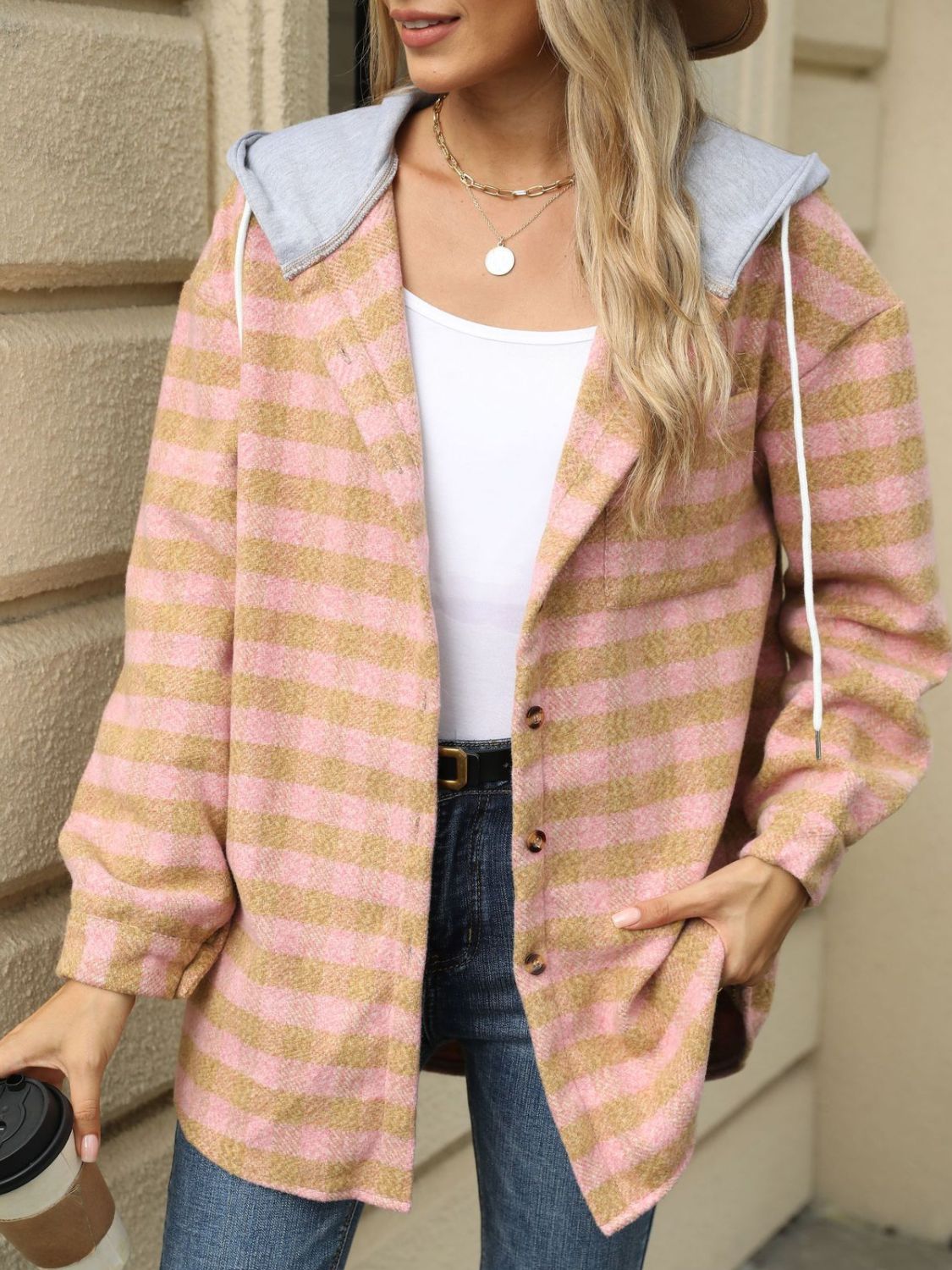 Drawstring plaid long sleeve hooded jacket - sherbet / s