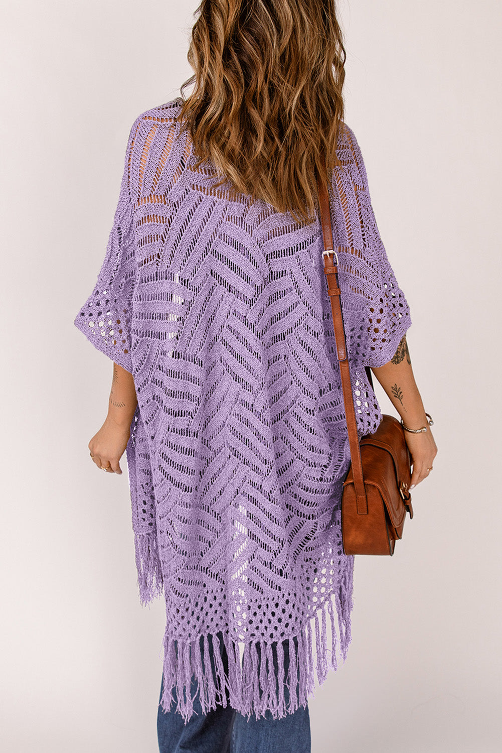 Openwork open front cardigan with fringes