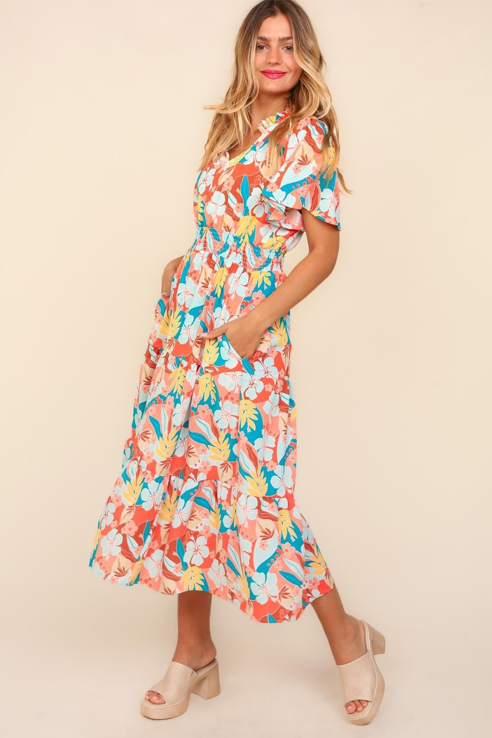 Haptics full size tropical floral tiered dress with side pockets