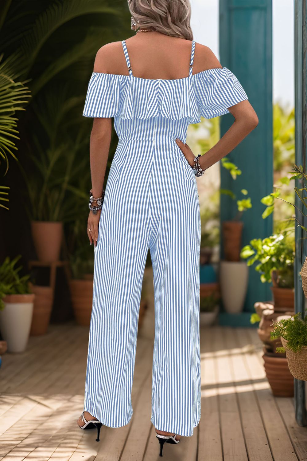 Ruffled striped short sleeve jumpsuit