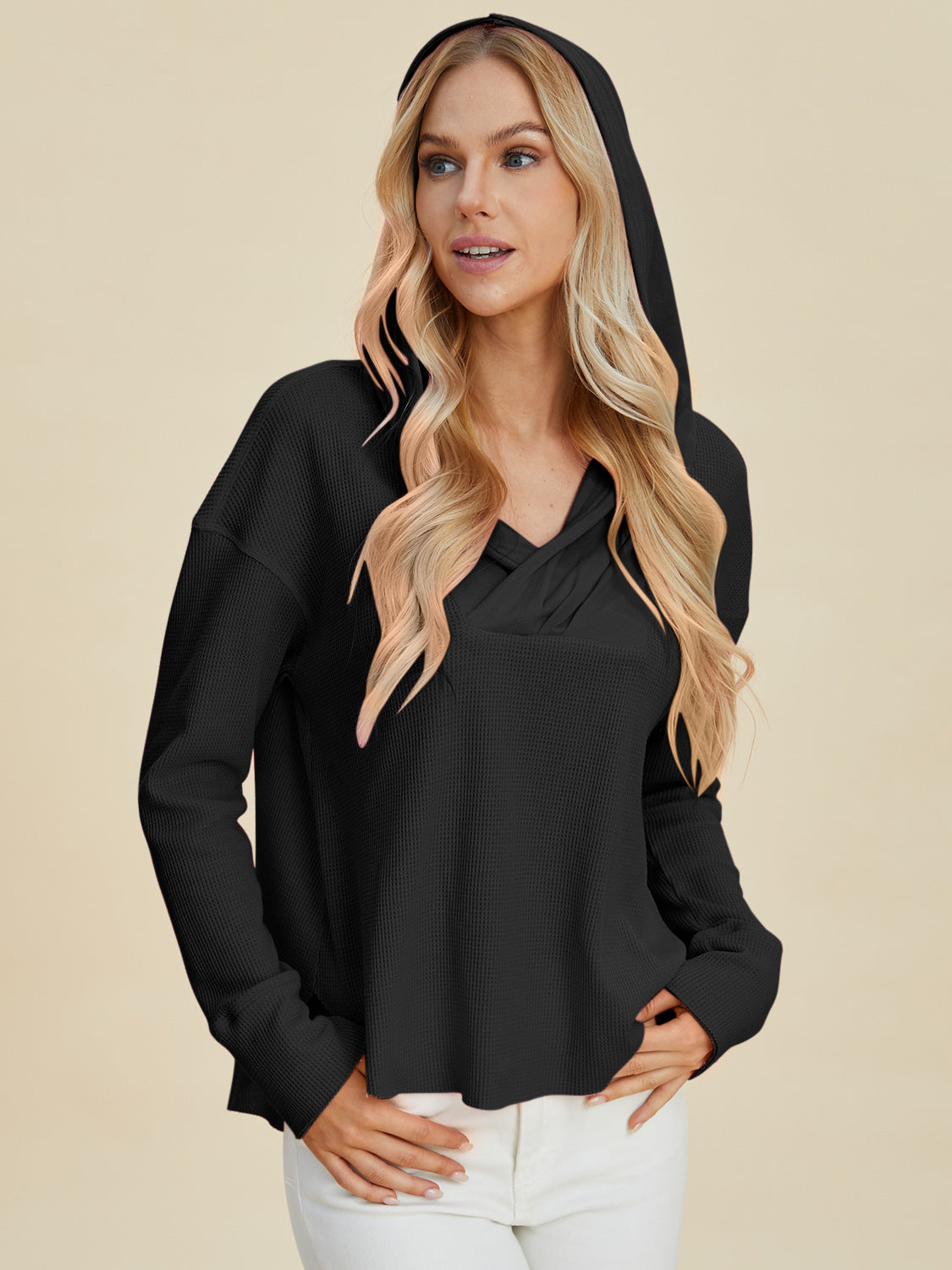 Double take full size high-low dropped shoulder long sleeve hoodie