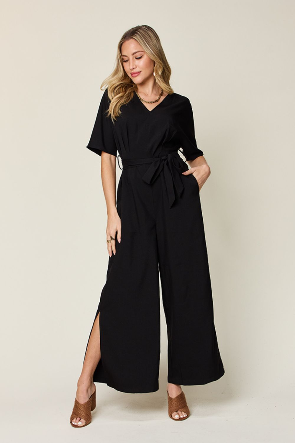 Double take full size v-neck tied side slit jumpsuit - black / s