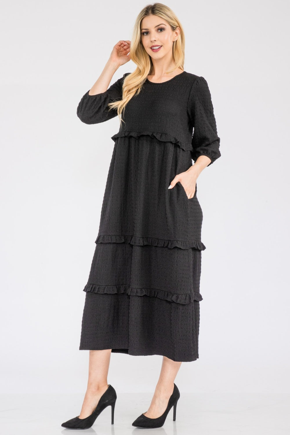 Celeste full size tiered-ruffle midi dress - black / s