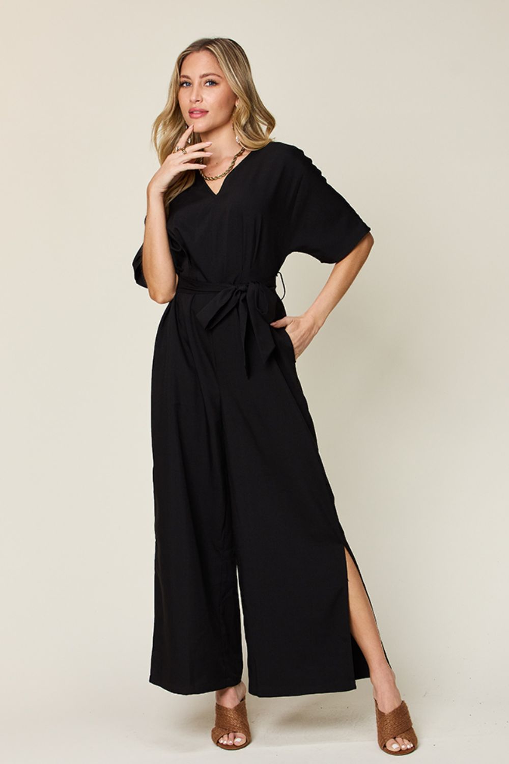 Double take full size v-neck tied side slit jumpsuit