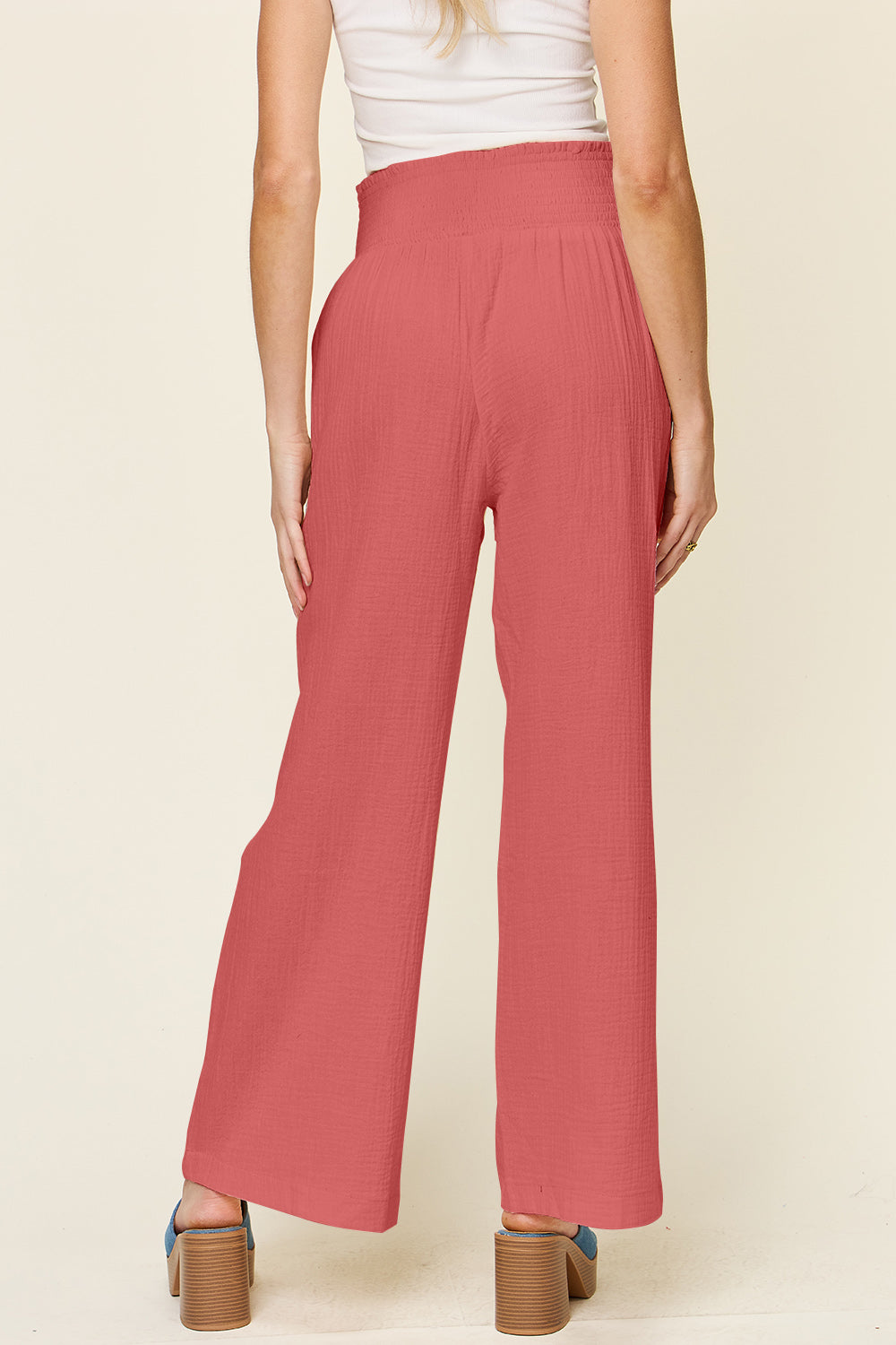 Double take full size texture smocked waist wide leg pants