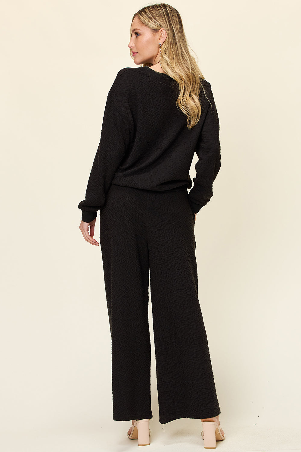 Double take full size texture long sleeve top and pants set