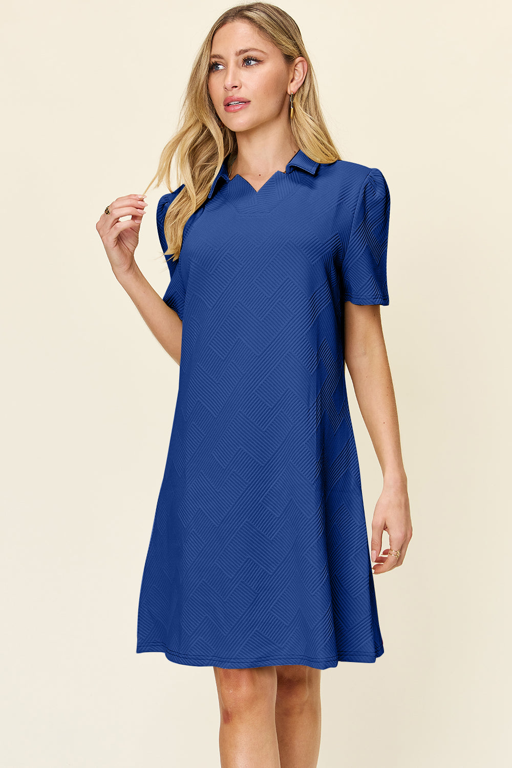 Double take full size texture collared neck short sleeve dress - royal blue / s