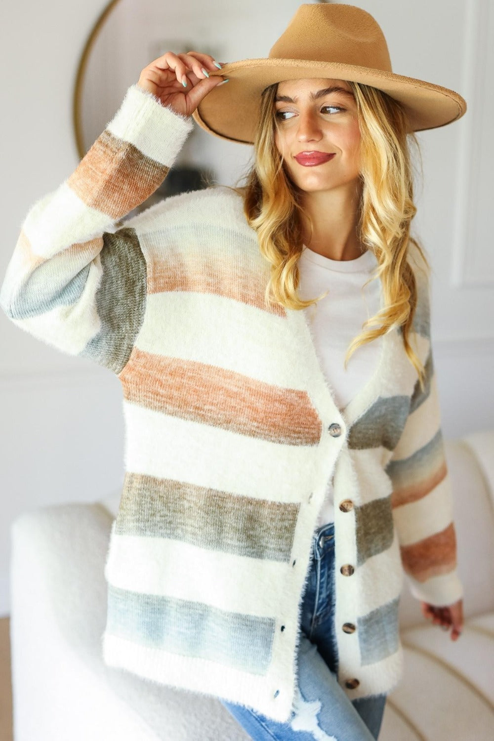 Haptics full size button down stripe soft fuzzy sweater cardigan - ivory/rust/olive / s