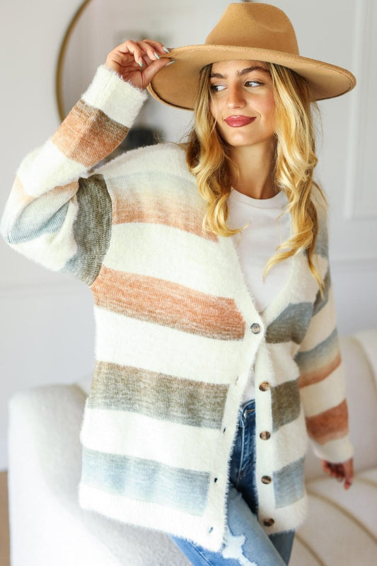 Haptics full size button down stripe soft fuzzy sweater cardigan - ivory/rust/olive / s