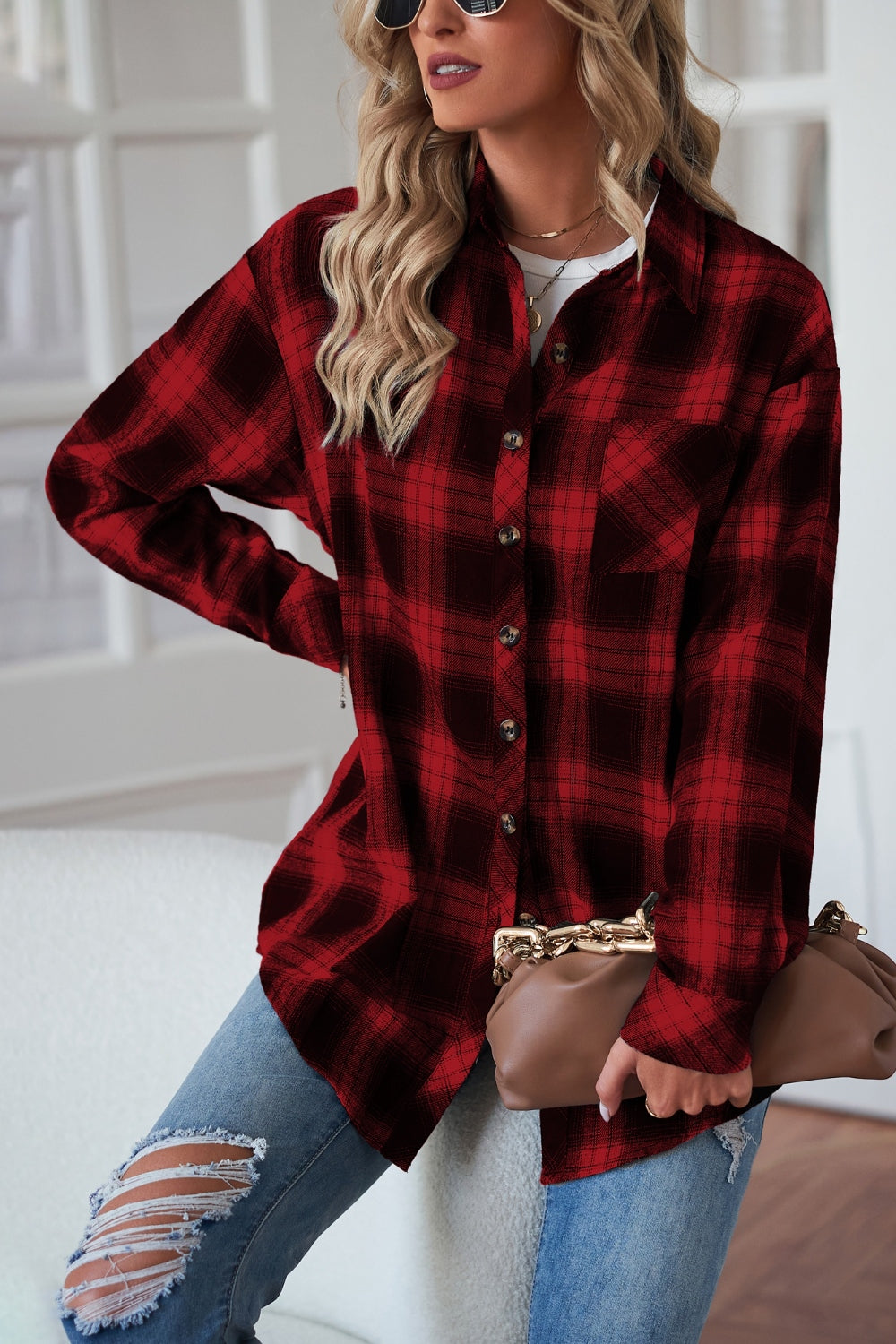 Plaid button up dropped shoulder outerwear - burgundy / s