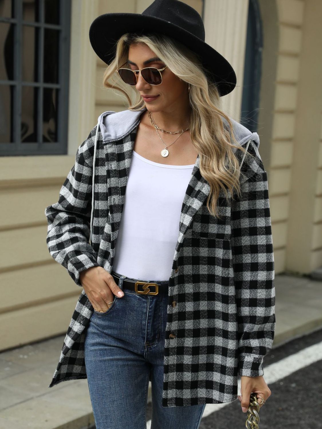 Drawstring plaid long sleeve hooded jacket