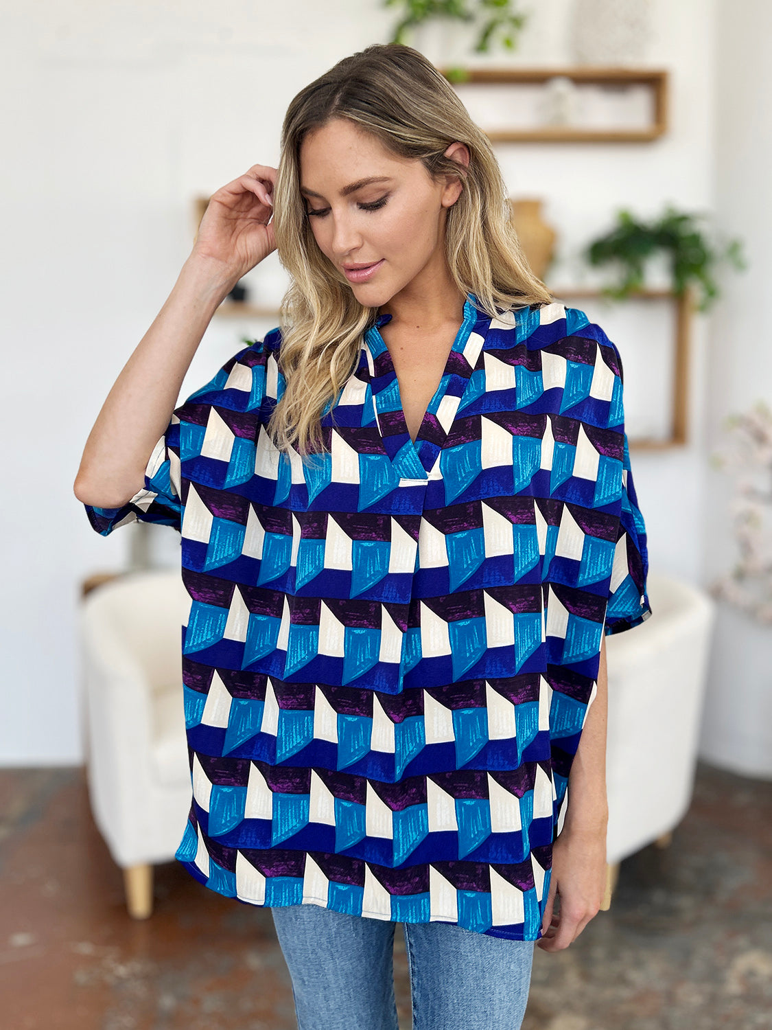 Double take full size geometric notched half sleeve blouse