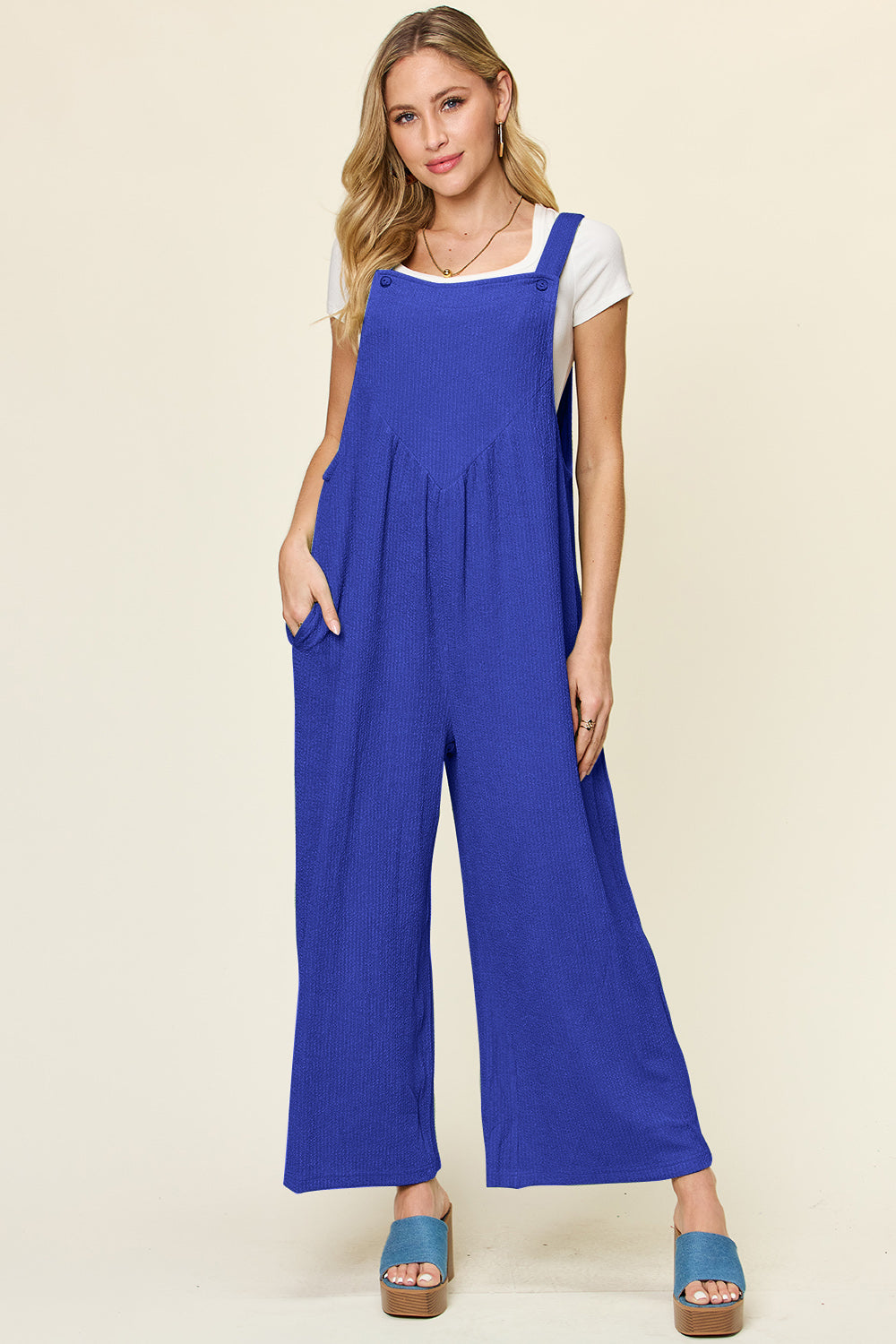 Double take full size texture sleeveless wide leg overall - royal blue / s