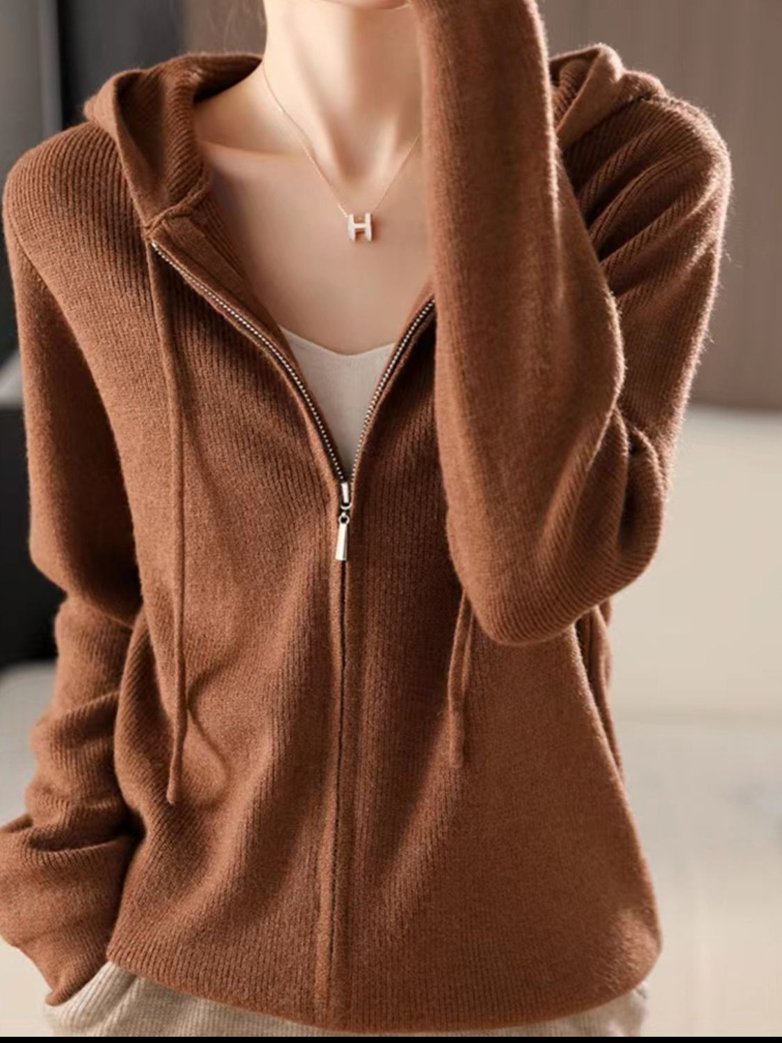 Drawstring zip up long sleeve hooded sweater